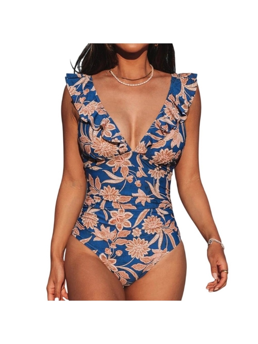 Cupshe Womens Nylon Spandex One Piece Swimsuit Floral Ruffle Boho L‎ Navy Blue